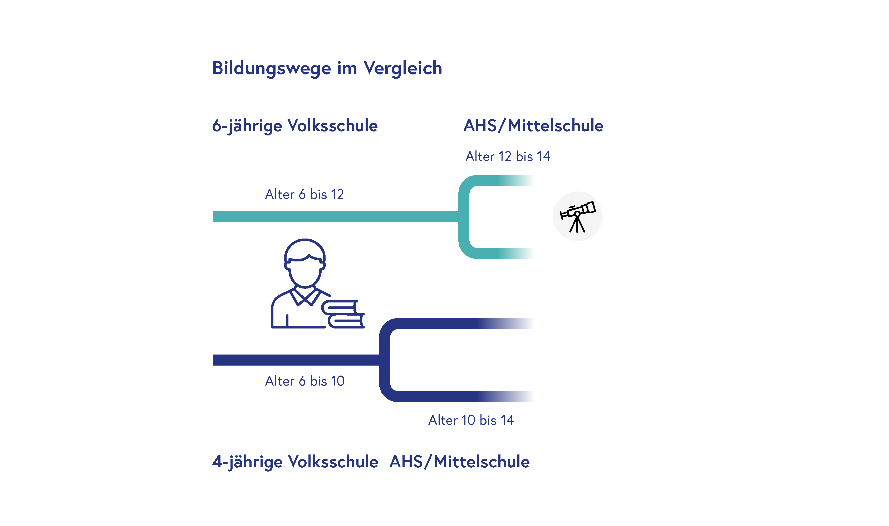 Vergleich von Bildungswegen mit Darstellung einer 6-jährigen Volksschule versus 4-jährige Volksschule und anschließender AHS/Mittelschule anhand von Altersstufen.